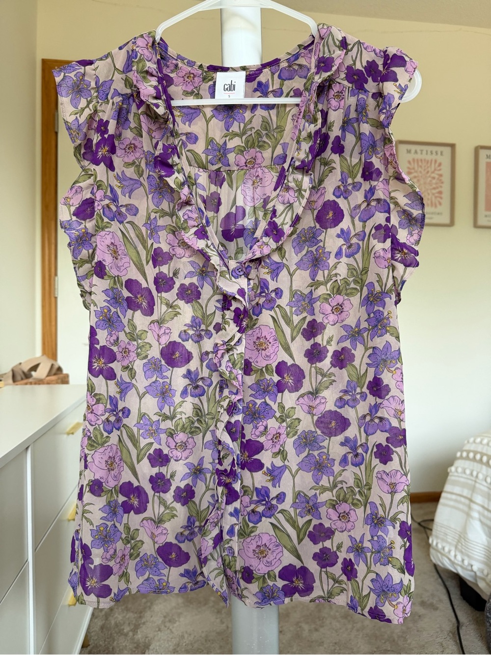 CAbi Lavender & Purple Floral Ruffle-Trim Sleeveless Blouse